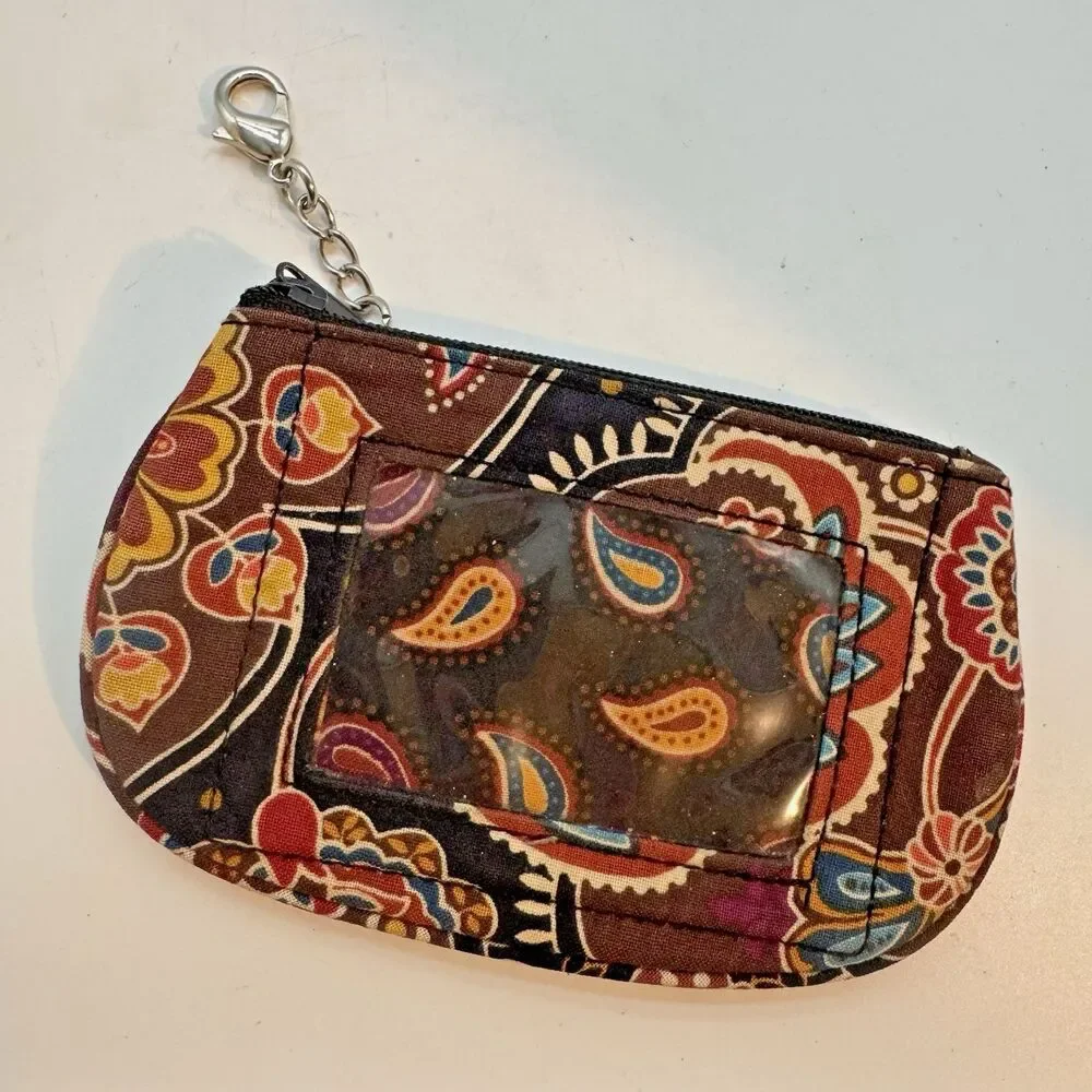 Vera Bradley Kensington Zip Top ID Card Key Holder Brown Paisley 5x3